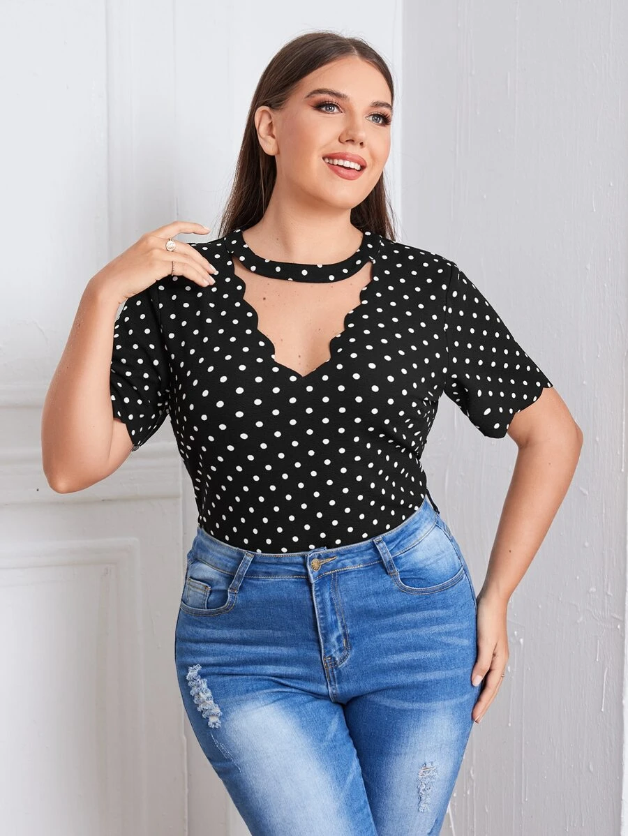 Áo sơ mi Plus Size Cắt ra Chấm bi Giải trí - màu đen - Xem 1