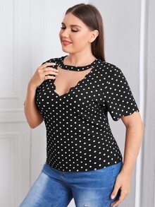 Áo sơ mi Plus Size Cắt ra Chấm bi Giải trí - màu đen - Xem 3