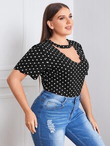 Áo sơ mi Plus Size Cắt ra Chấm bi Giải trí - màu đen - Xem 4