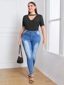 Áo sơ mi Plus Size Cắt ra Chấm bi Giải trí - màu đen - Xem 5