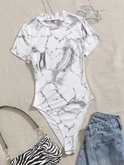 SHEIN EZwear Summer Marble Print High Cut Bodysuit