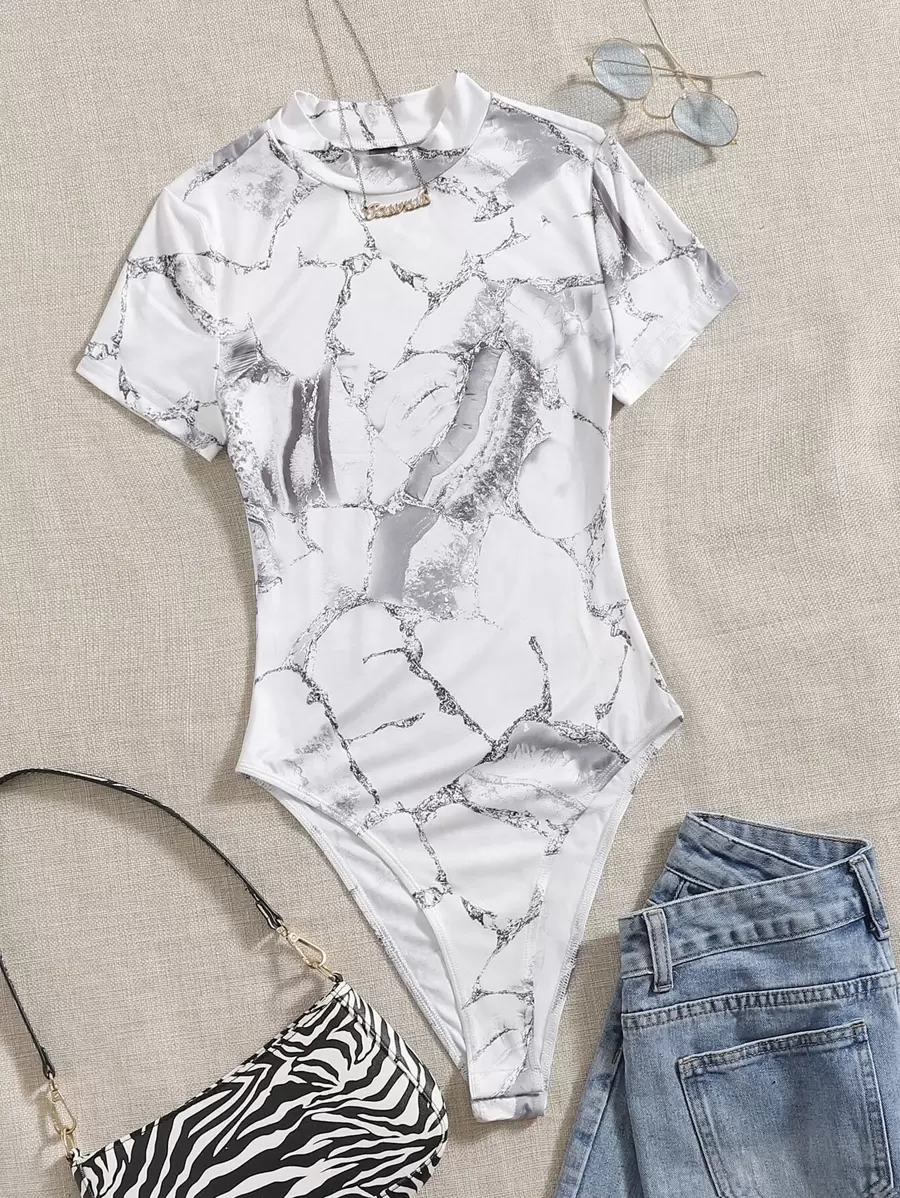 SHEIN EZwear Summer Marble Print High Cut Bodysuit - Multicolor - View 1