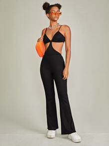 Jumpsuit unicolor con abertura pierna amplia - Negro - Ver 1