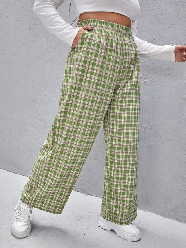 Plus Plaid Print Elastic Waist Pants 