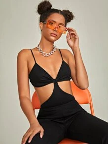 Jumpsuit unicolor con abertura pierna amplia - Negro - Ver 3