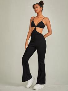 Jumpsuit unicolor con abertura pierna amplia - Negro - Ver 4