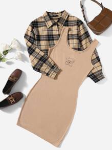 SHEIN EZwear Plus Plaid Blouse & Bear Print Bodycon Dress - Multicolor - View 1