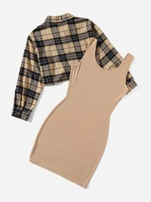 SHEIN EZwear Plus Plaid Blouse & Bear Print Bodycon Dress - Multicolor - View 2