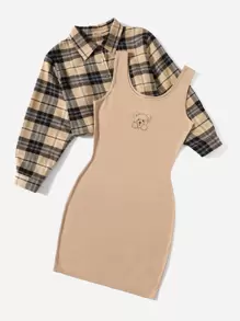 SHEIN EZwear Plus Plaid Blouse & Bear Print Bodycon Dress - Multicolor - View 4