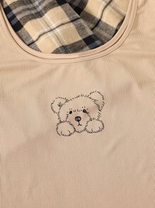 SHEIN EZwear Plus Plaid Blouse & Bear Print Bodycon Dress - Multicolor - View 5