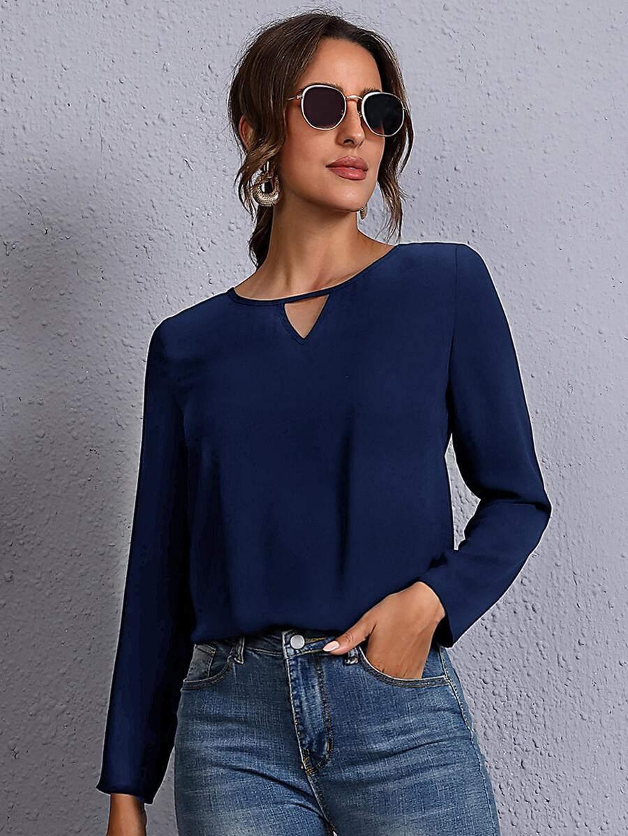 SHEIN Clasi Solid Keyhole Neck Blouse - Navy Blue - View 1