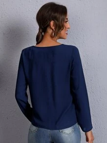 SHEIN Clasi Solid Keyhole Neck Blouse - Navy Blue - View 2