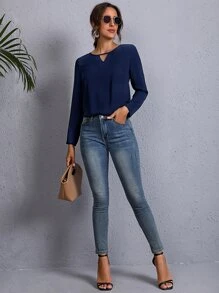 SHEIN Clasi Solid Keyhole Neck Blouse - Navy Blue - View 4