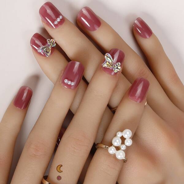 

24pcs Rhinestone Decor Fake Nail & 4pcs Nail Art Tool, Red
