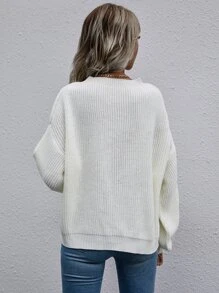 SHEIN LUNE Drop Shoulder Ribbed Knit Jumper - White - View 2