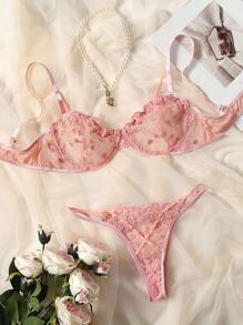 PetitDoll Embroidered Mesh Underwire Bra & Panty Lingerie Set - Pink - View 1