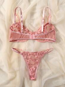 PetitDoll Embroidered Mesh Underwire Bra & Panty Lingerie Set - Pink - View 2