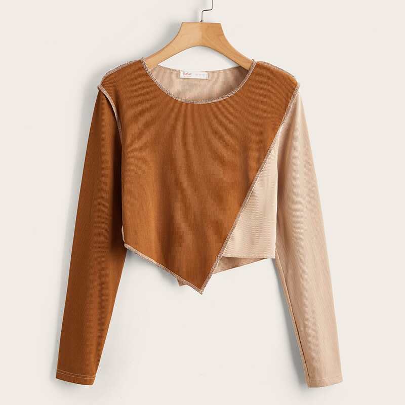 

Colorblock Stitching Trim Ribbed Tee, Brown
