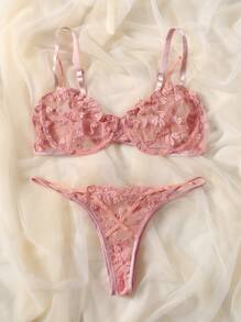 PetitDoll Embroidered Mesh Underwire Bra & Panty Lingerie Set - Pink - View 4