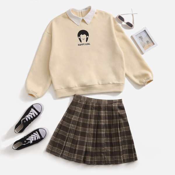 

Teen Girls Cartoon Figure And Letter Graphic Pullover & Tartan Skirt, Multicolor