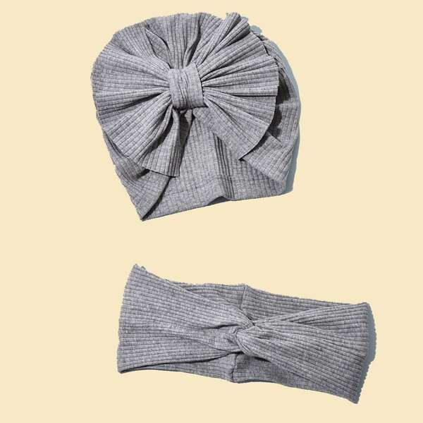 

2pcs Baby Bow Knot Decor Hat & Headband, Grey