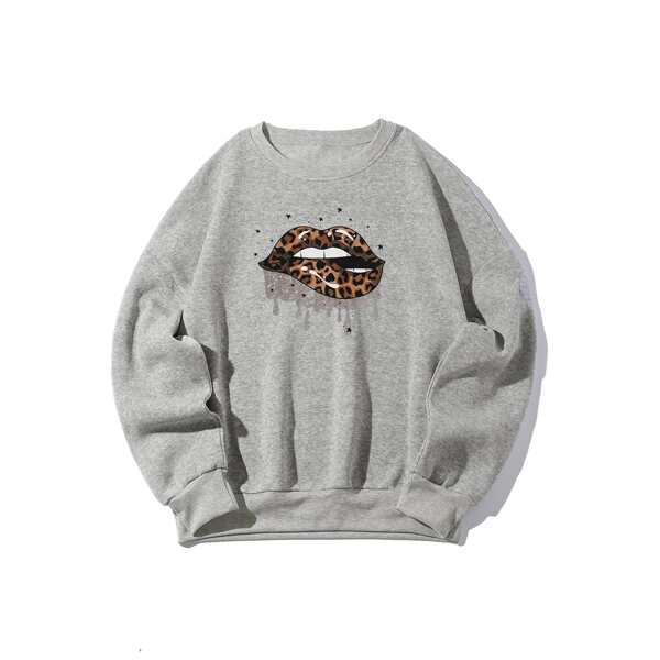 

Plus Leopard And Lip Print Pullover, Grey