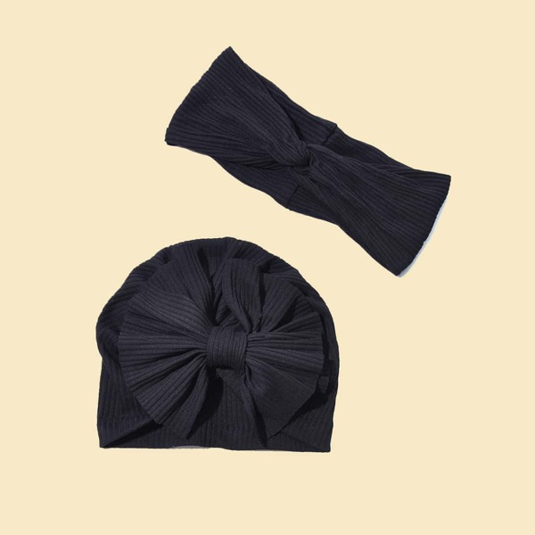 

2pcs Baby Bow Knot Decor Hat & Headband, Black