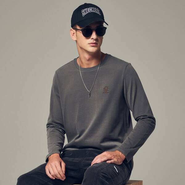 

Men Embroidery Crew Neck Tee, Dark grey
