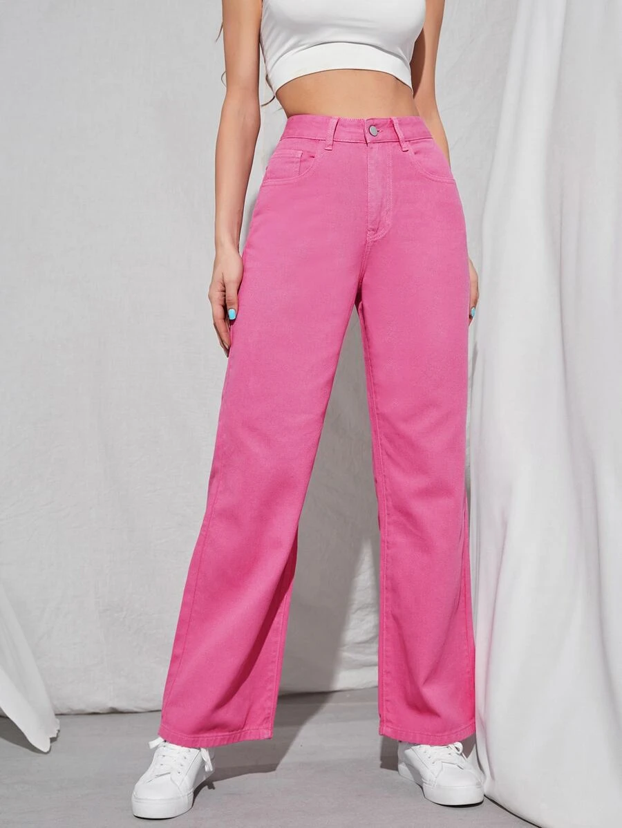 SHEIN Frenchy Stone Wash High-Waisted Straight Jeans Christmas - Hot Pink - View 1