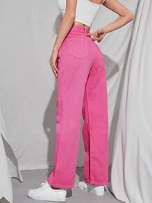 SHEIN Frenchy Stone Wash High-Waisted Straight Jeans Christmas - Hot Pink - View 2