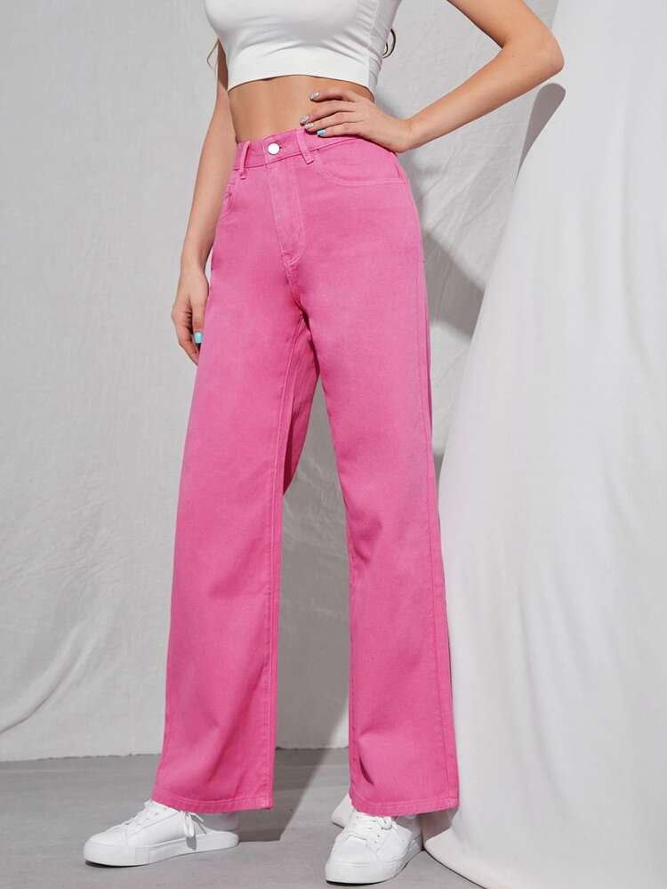SHEIN Frenchy Jeans rectos con lavado de piedra de cintura alta - Rosa Fucsia - Añade 3