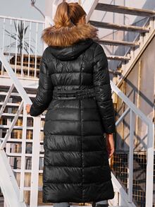 ZIAI Women's Casual Solid Color Winter Jacket, New Fashion Drawstring Slim Fit Thick Jacket, Women's Autumn/Winter Office Wear Fur Collar Hooded Winter Coat - Black - View 5