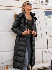 ZIAI Women's Casual Solid Color Winter Jacket, New Fashion Drawstring Slim Fit Thick Jacket, Women's Autumn/Winter Office Wear Fur Collar Hooded Winter Coat - Black - View 4