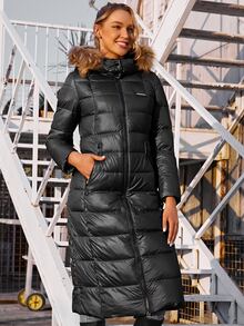 ZIAI Women's Casual Solid Color Winter Jacket, New Fashion Drawstring Slim Fit Thick Jacket, Women's Autumn/Winter Office Wear Fur Collar Hooded Winter Coat - Black - View 2