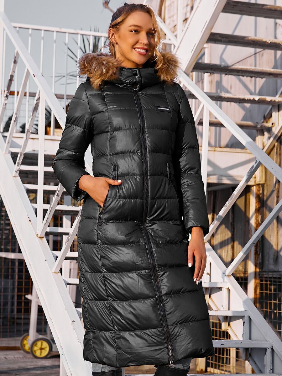 ZIAI Women's Casual Solid Color Winter Jacket, New Fashion Drawstring Slim Fit Thick Jacket, Women's Autumn/Winter Office Wear Fur Collar Hooded Winter Coat