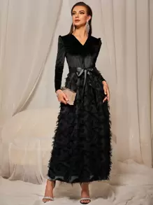 Modelyn Velvet Belted Fuzzy A-Line Dress Maxi Women Outfit - Black - View 1