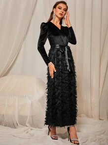 Modelyn Velvet Belted Fuzzy A-Line Dress Maxi Women Outfit - Black - View 4