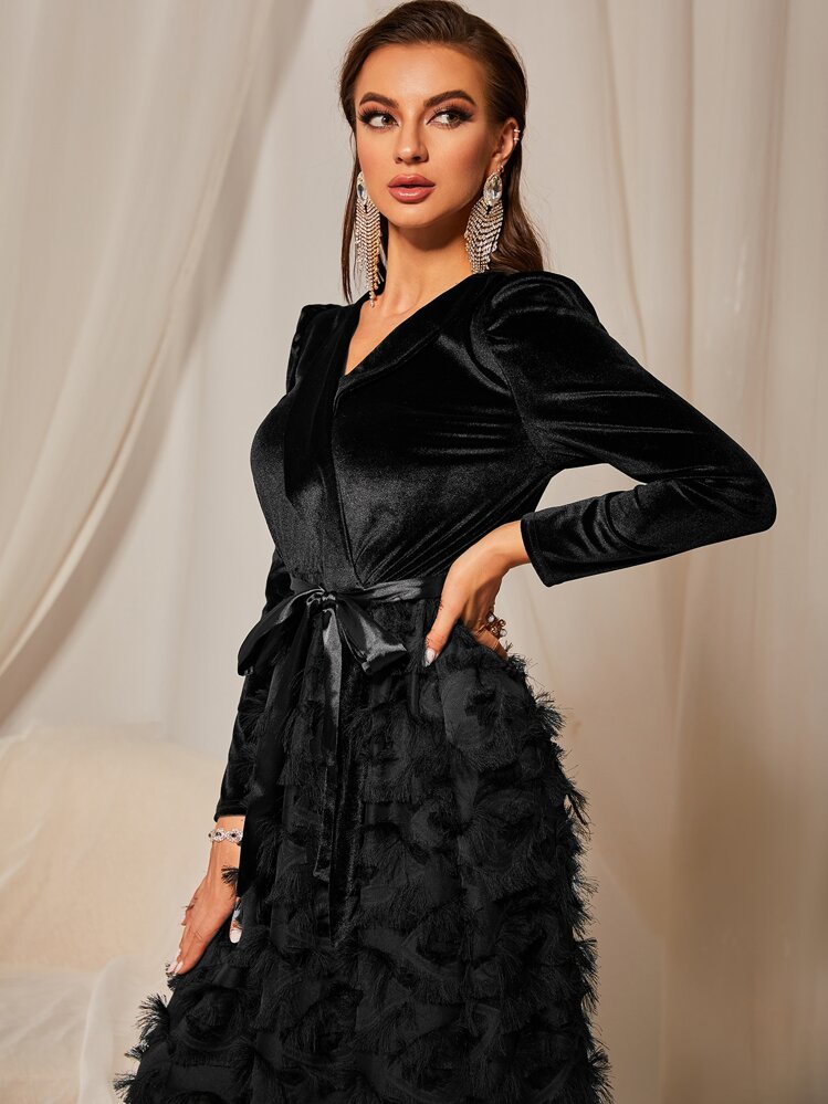 Modelyn Vestido largo de línea A de terciopelo con cinturón y textura esponjosa para mujer - Negro - Añade 5