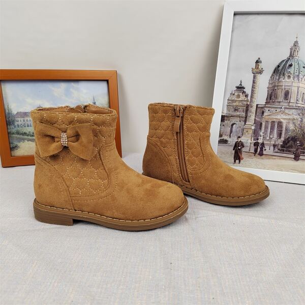 

Girls Rhinestone & Bow Decor Side Zipper Boots, Camel