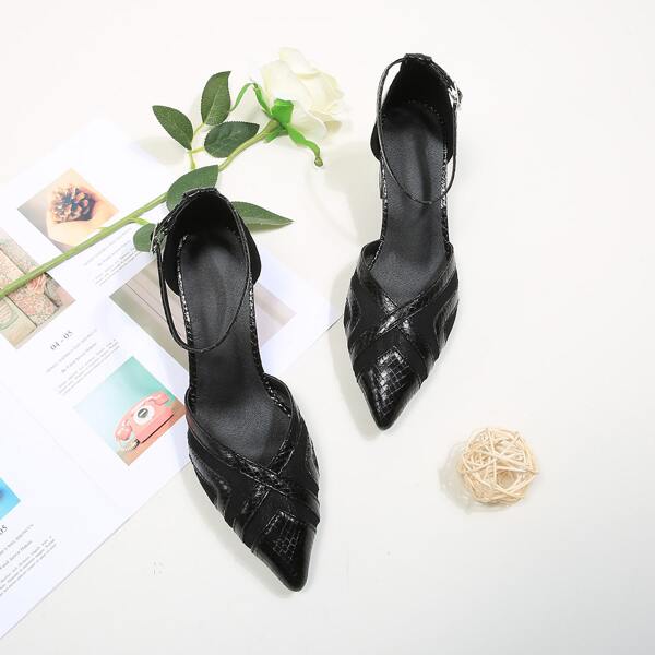 

Snakeskin Pattern Ankle Strap Pumps, Black