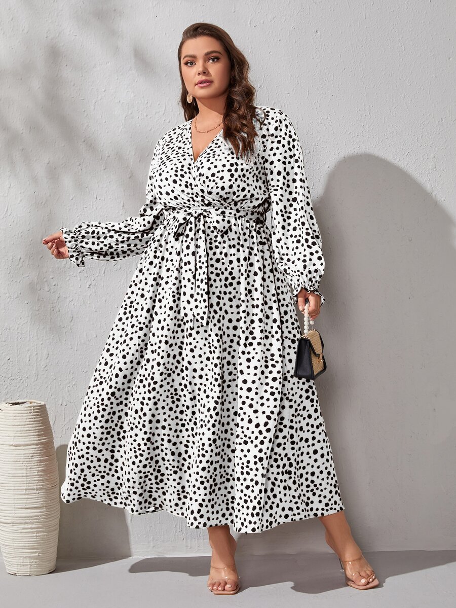 Plus Dalmatian Print Flounce Sleeve Belted Dress - Black and White - View 1