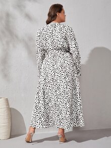 Plus Dalmatian Print Flounce Sleeve Belted Dress - Black and White - View 2