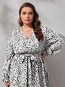Plus Dalmatian Print Flounce Sleeve Belted Dress - Black and White - View 3