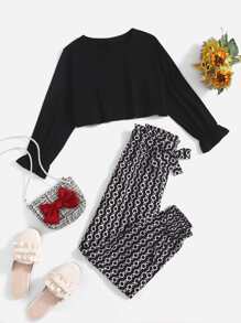 Niñas de manga con volante Camiseta & con estampado de cadena con cinturón Pantalones - Blanco y Negro - Ver 1