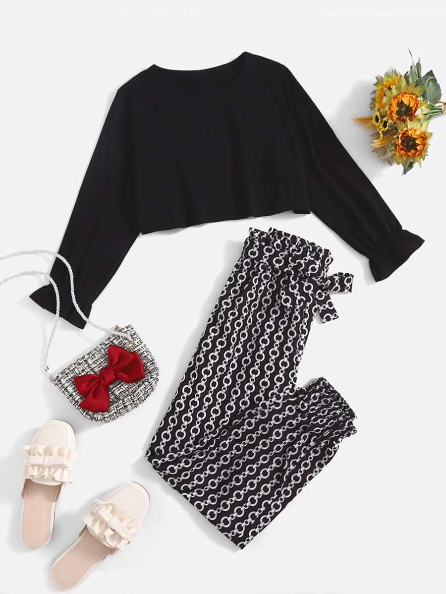 Niñas de manga con volante Camiseta & con estampado de cadena con cinturón Pantalones - Blanco y Negro - Ver 1