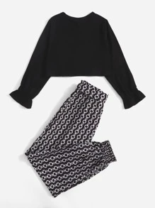 Niñas de manga con volante Camiseta & con estampado de cadena con cinturón Pantalones - Blanco y Negro - Ver 2