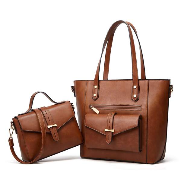 

2pcs Pocket Front Metal Detail Tote Bag Set, Brown