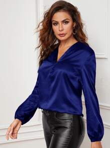 SHEIN Privé v領燈籠袖緞面襯衫