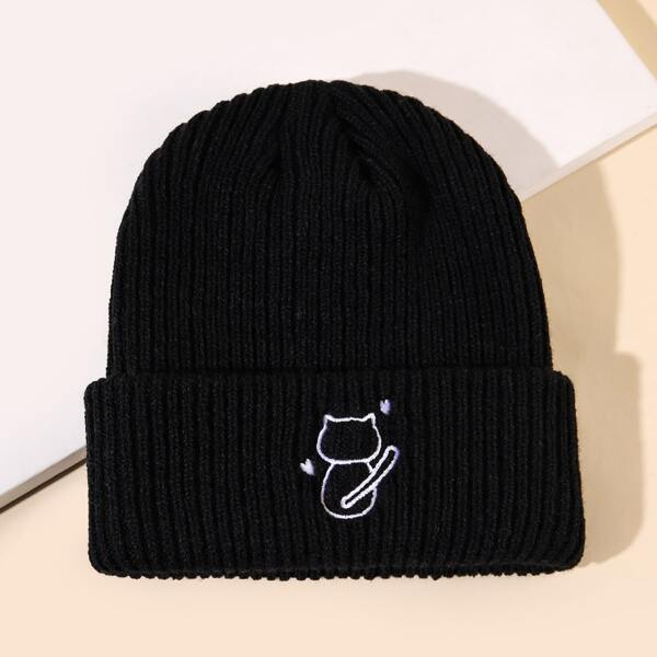 

Cat Embroidery Beanie, Black