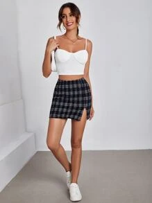 SHEIN EZwear High Waist Plaid Slit Skirt - Black and White - View 3